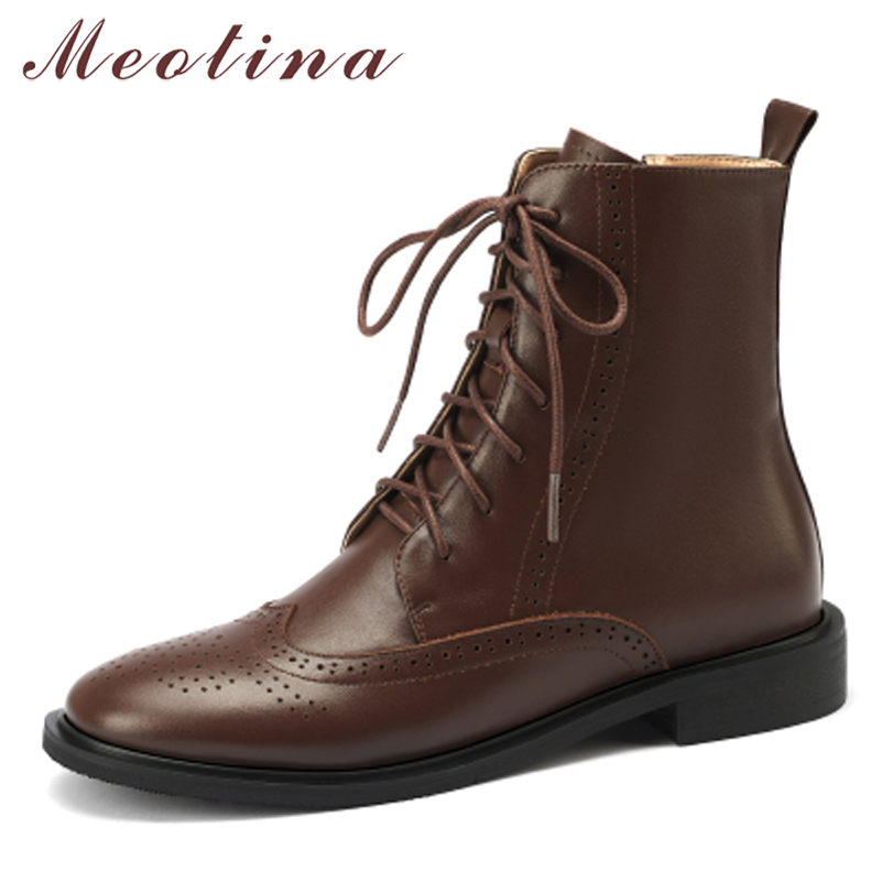 Women'S Shoes Size 40 In Us - Meotina ผู้หญิงรองเท้าหนังแท้รองเท้าแบนรองเท้าบูทรอบ Toe ข้อเท้าสั้นรองเท้าฤดูใบไม้ร่วงฤดูหนาว40สีดำ