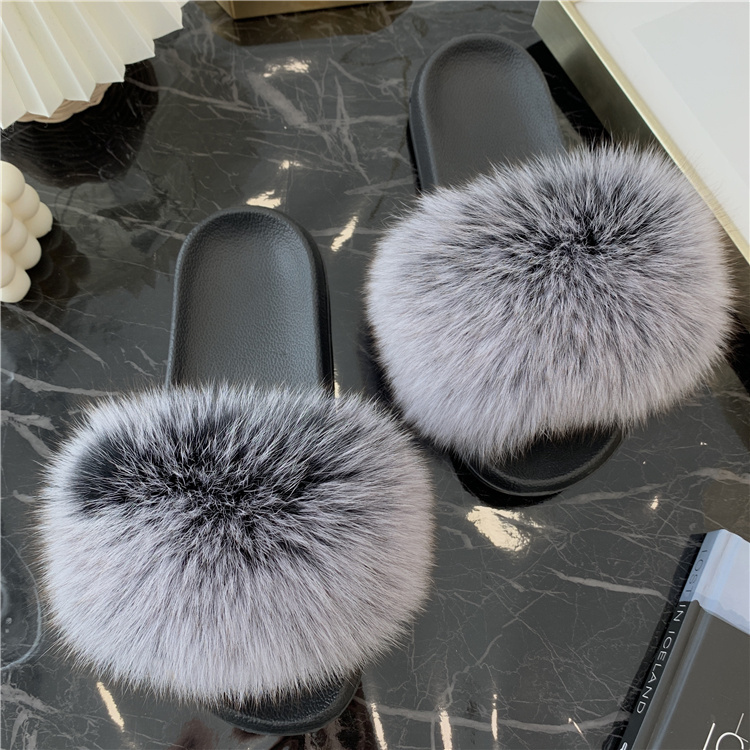 Women'S Shoes Navy Blue - ขนสัตว์จริงสไลด์ฤดูร้อน Fox FUR รองเท้าแตะผู้หญิงภายในบ้านสุภาพสตรีรองเท้าแตะ Furry Flip