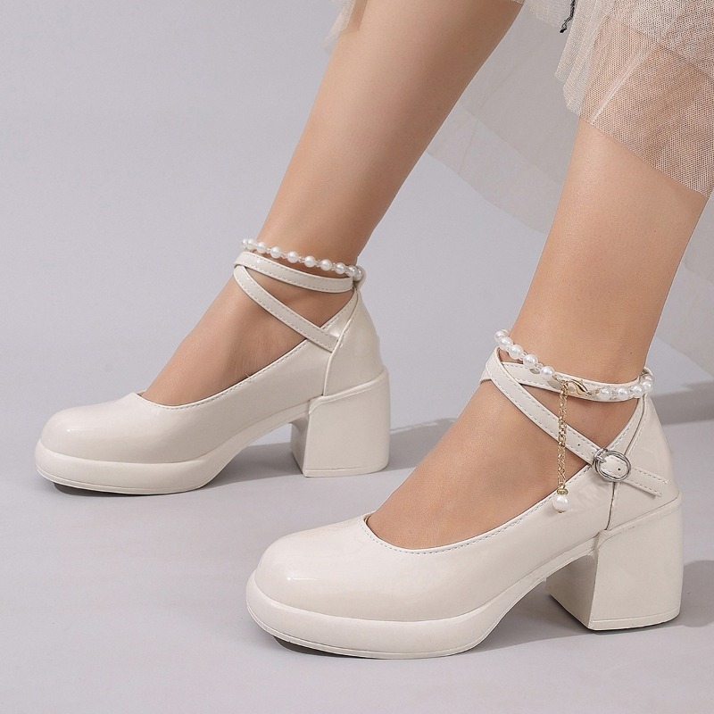 Women'S Shoes - รองเท้าส้นสูงแบบสวมสำหรับผู้หญิง แฟชั่นสายไขว้ สไตล์แมรี่เจน ดีไซน์เรียบหรู ส้นสูง พื้นหนา