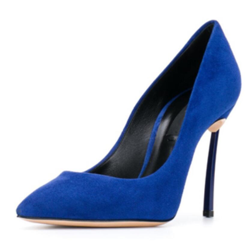 Court Heel Pointed - รองเท้าส้นสูงปลายแหลมแบบสวม ส้นเข็ม สีเบอร์กันดี น้ำเงิน หนังกลับ ส้นสูง