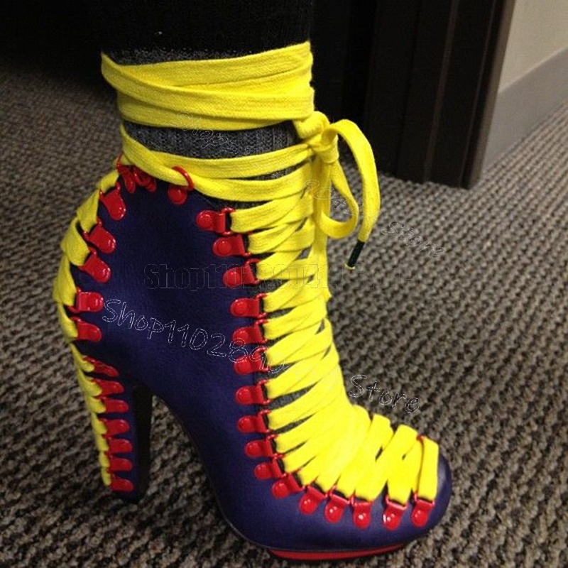 Women'S Shoes Navy Blue - รองเท้าบูทส้นสูงสีน้ำเงินหนังกลับแบบรัดส้นสีเหลือง ปลายเท้าทรงเหลี่ยม มีเชือกผูก สำหรับผู้หญิง ส้นหนา ใหม่