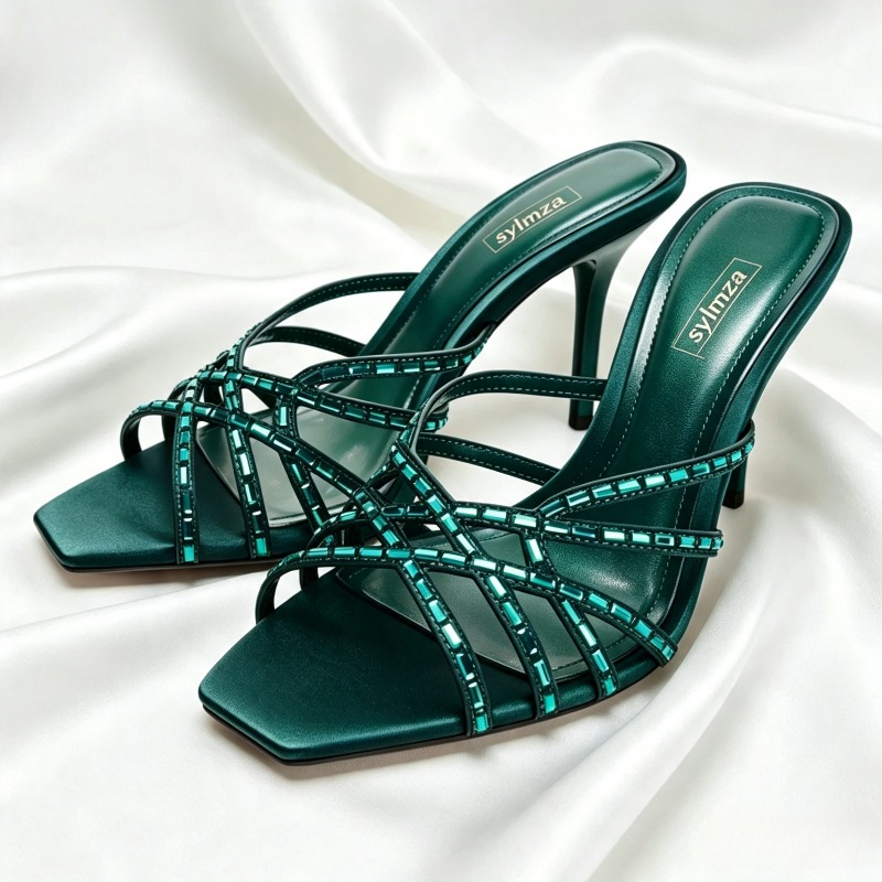 Women'S Shoes Navy Blue - รองเท้าส้นสูงประดับคริสตัลสีฟ้าพีคโคคัพ ดีไซน์สายไขว้ หัวเหลี่ยม รองเท้าสไลด์แฟชั่นสำหรับผู้หญิง แบรนด์หรู ดีไซเนอร์
