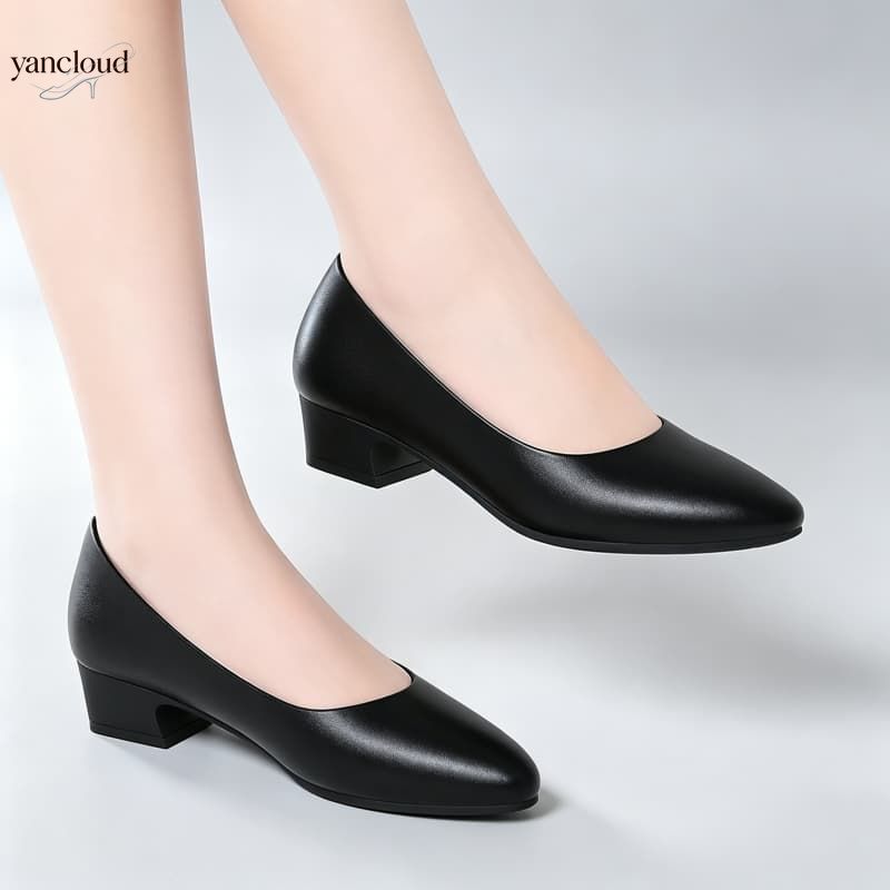 Court Heel Pointed - รองเท้าหนังนุ่มสำหรับผู้หญิง ดีไซน์หรูหรา เข้าได้กับทุกชุด สีดำ ส้นบล็อก สำหรับฤดูใบไม้ผลิ