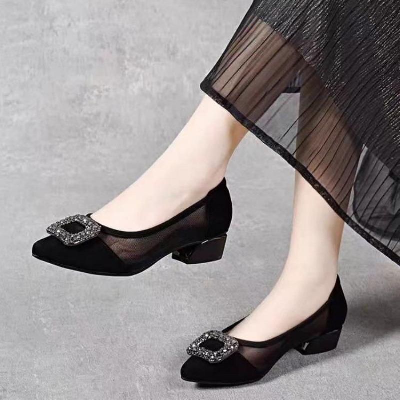 Women'S Shoes - รองเท้าส้นบล็อกหัวแหลมแบบตาข่าย ดีไซน์หรูหรา ประดับหัวเข็มขัดสี่เหลี่ยมเพชรเทียม รองเท้าทรงเตี้ย ระบายอากาศได้ดี เหมาะสำหรับใส่ทำงานสำหรับผู้หญิง